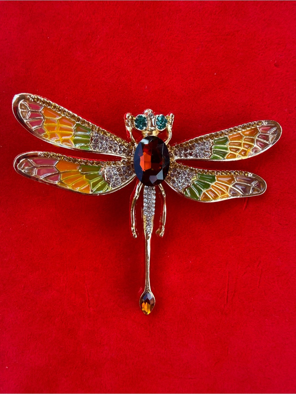 Anthropologie Gold Dragonfly Brooch with Amber Center and Green Accents